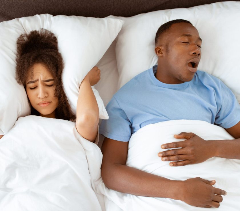 Family,Problems,,Apnea,And,Insomnia,Due,Spouse.,Young,Tired,African